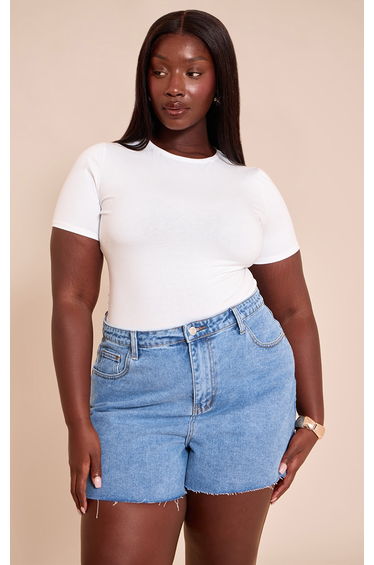 Plus White Cotton Crew Neck Short Sleeve Bodysuit