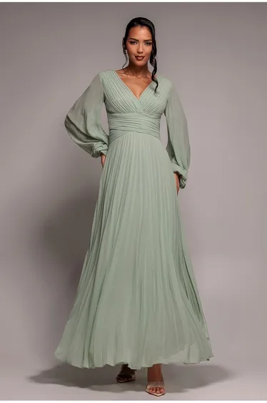 Goddiva Balloon Sleeve Chiffon Maxi Dress  - Sage Green