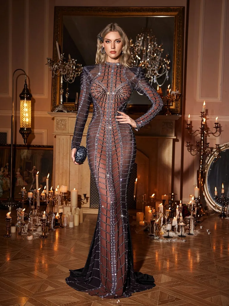Jaeldrin Crystal Rhinestone Mermaid Maxi Dress Mew Mews Black : Evening Dresses : VogaCloset Oman Jaeldrin Crystal Rhinestone Mermaid Maxi Dress Mew Mews Black : Evening Dresses : VogaCloset Oman