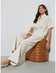 Yellow Striped Short Sleeve Shirt and Wide Leg Pants Set