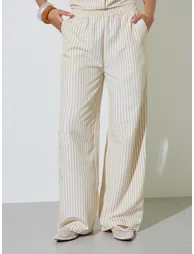 Yellow Striped Short Sleeve Shirt and Wide Leg Pants Set - 4