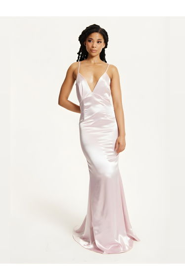 Pink Satin Plunge Maxi Dress