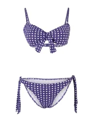 Navy Blue-White Polka Dot Balconette Brief High Waist Uncapped Bikini Set - 3