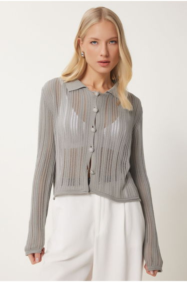 Women's Gray Lightweight Transparent Polo Collar Summer Knitwear Cardigan