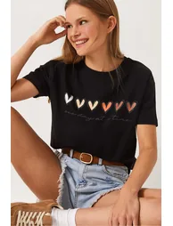 Women's Short Sleeve Colorful Heart Printed Basic T-Shirt
