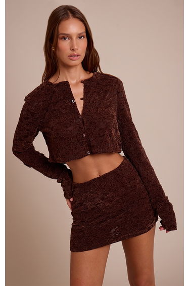 Dark Brown Lace Button Up Long Sleeve Crop Top