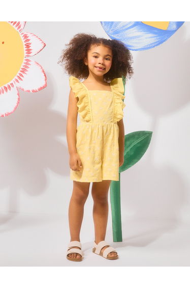 Cotton Playsuit With Embroidery And Ruffles B&S For Girls Yellow