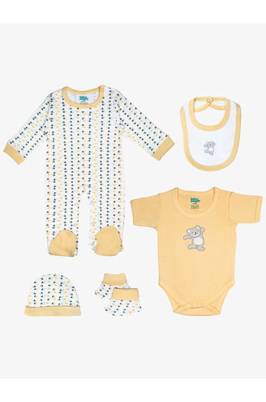 5-Piece 100% Cotton Bib, Romper, Mittens, Cap and Sleepsuit Set
