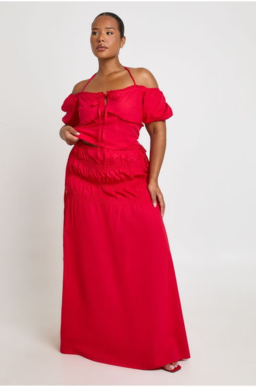 Plus Poplin Shirred Maxi Skirt - red