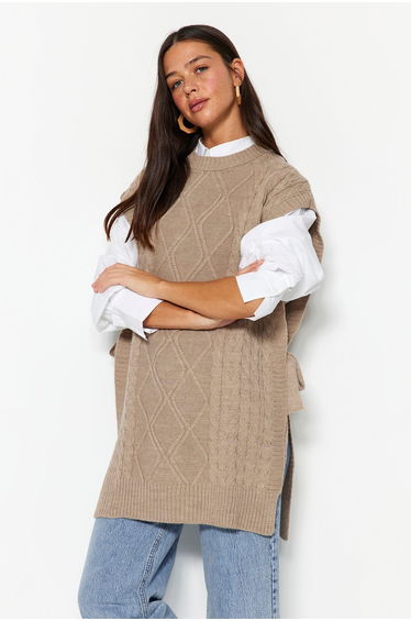 Tie Waist and Braids Tricot Sweater