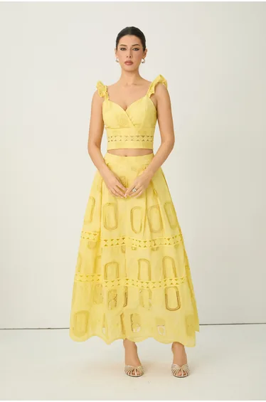 Bright Season Yellow Embroidered Lace Ruffle Top & Skirt Set
