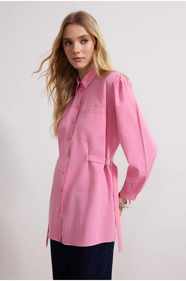 Pink Regular Terrycotton Plain Woven Buckle Belt Detail Hijab Shirt