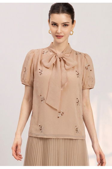 Tie-Neck Sequined Embroidered Leaf Fringe Top in Apricot