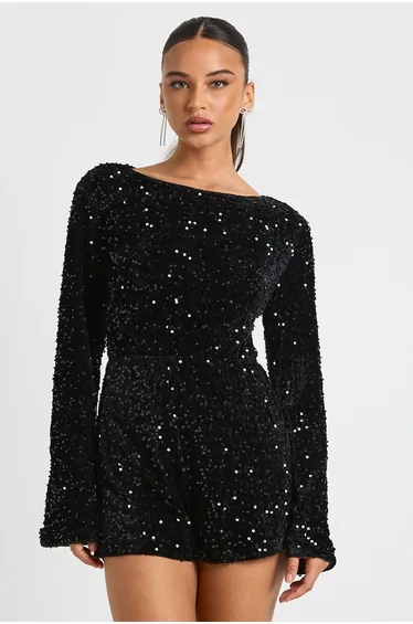 Velvet Sequin Flare Sleeve Playsuit - black