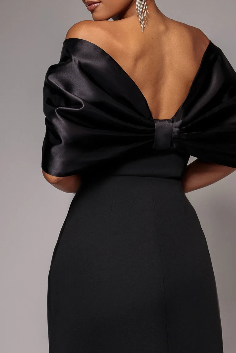 Off Shoulder Back Satin Bow Scuba Mini Dress - Black by Goddiva - 4