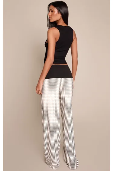 بنطلون جيرسية مخطط بأرجل عريضة بخصر مغاير - أسود