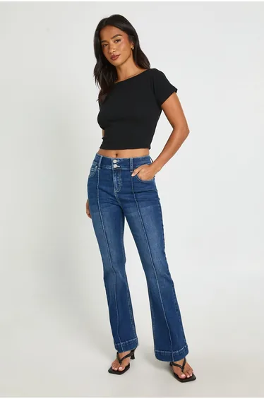 Petite Mid Waist Seam Detail Flare Jean - vintage wash