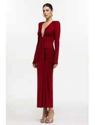 Dixie Sexy Contour Long Sleeve Deep V Ruched Knit Maxi Dress - 3