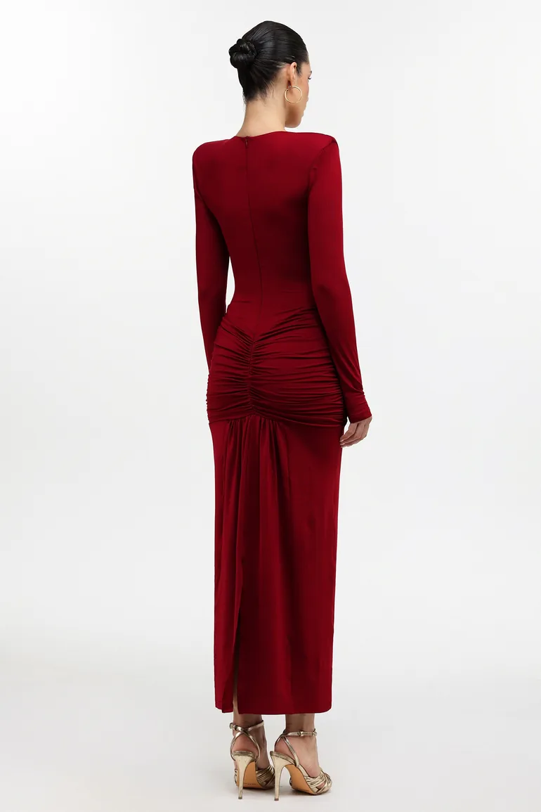 Dixie Sexy Contour Long Sleeve Deep V Ruched Knit Maxi Dress - 5