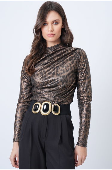 Women's Leopard Mock Neck Omzu Draped Silver Glitter Blouse