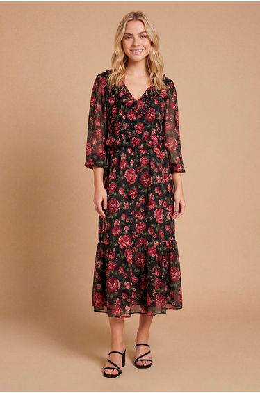 Petite Floral Pleat Bodice Ruffle Neck Blouson Sleeve Maxi Dress