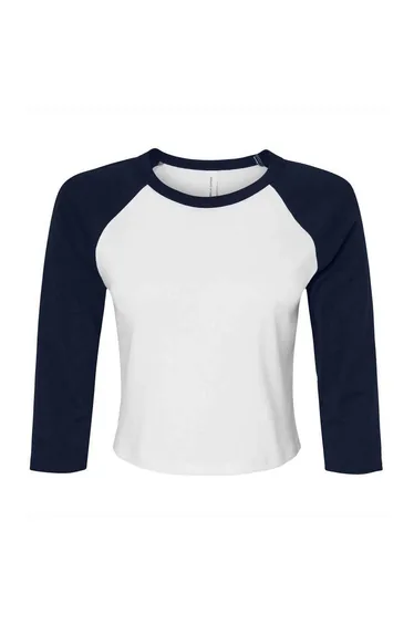 Bella + Canvas Womens/Ladies Raglan 3/4 Sleeve Crop T-Shirt - White/Navy