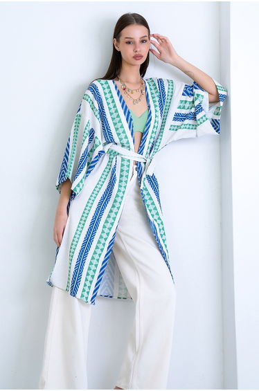 Women's Green-Sax Geometric Patterned Belted Linen Kimono