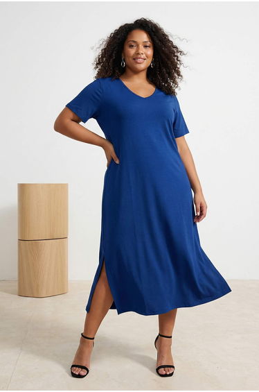 Navy Blue V Ykaka Slit 100% Cotton Knitted Plus Size Dress