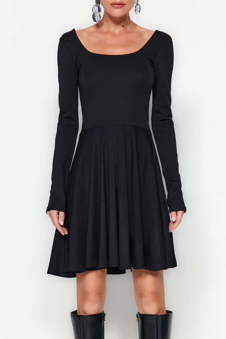 Black Pleated A-Line Mini Skater Dress with Long Sleeves - 1