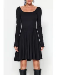 Black Pleated A-Line Mini Skater Dress with Long Sleeves - 1