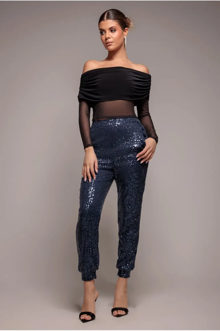 Goddiva Sequin Cuffed Ankle Trouser - Navy