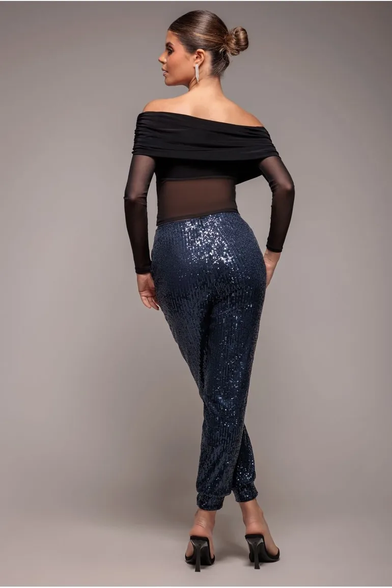 Goddiva Sequin Cuffed Ankle Trouser - Navy - 1