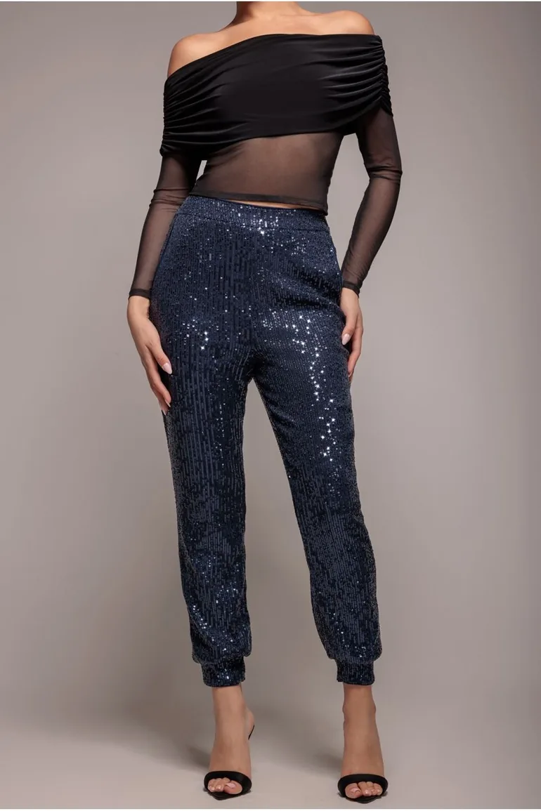 Goddiva Sequin Cuffed Ankle Trouser - Navy - 2