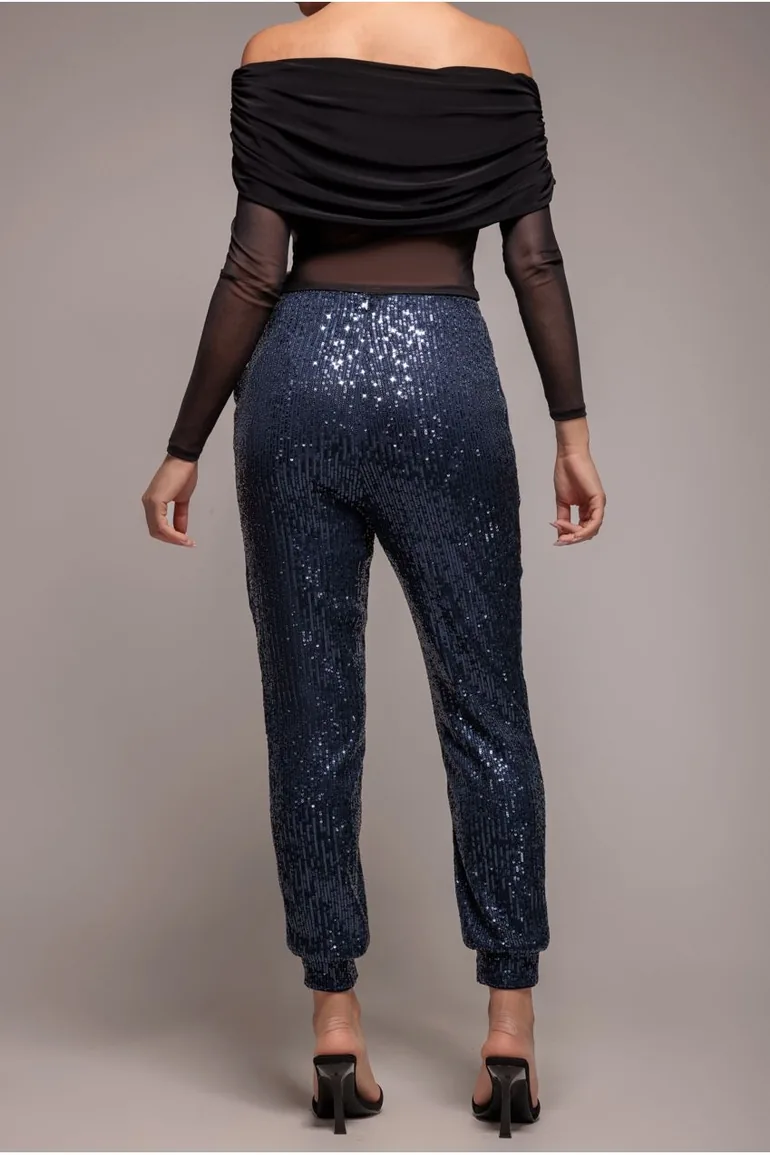 Goddiva Sequin Cuffed Ankle Trouser - Navy - 3