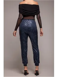 Goddiva Sequin Cuffed Ankle Trouser - Navy - 3