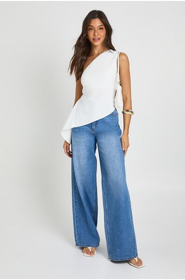 Scuba Crepe One Shoulder Asym Hem Top - ivory