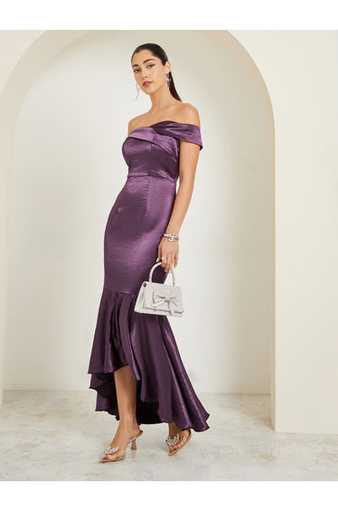 Purple Off Shoulder asymmetric Hem Satin Maxi Dress