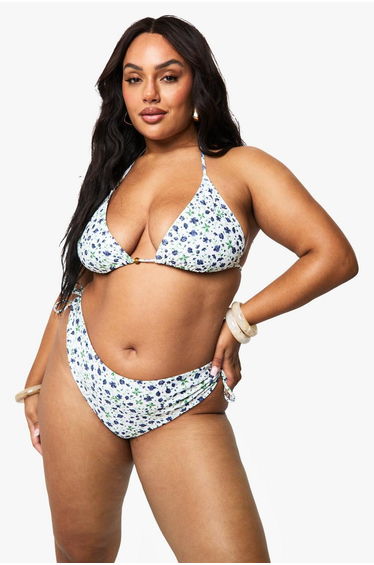 Plus Ditsy Floral Beaded Triangle Bikini Top - purple
