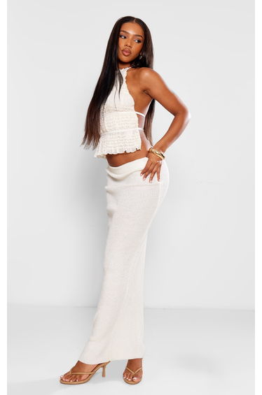Cream Texture Frill Halter Neck Top