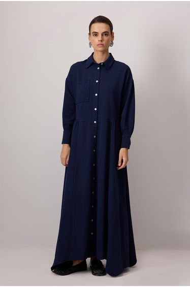 LINEN TEXTURED DRESS WITH SHELL BUTTON