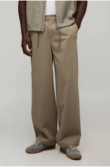 Relaxed Fit Half & Half Waistband Textured Trouser - taupe