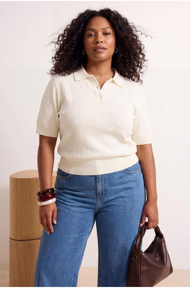 Ecru Hair Braided Polo Neck Thin Summer Knitwear Blouse