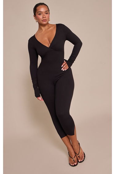 Shape Black Sculpt Long sleeve wrap V neck Capri Jumpsuit
