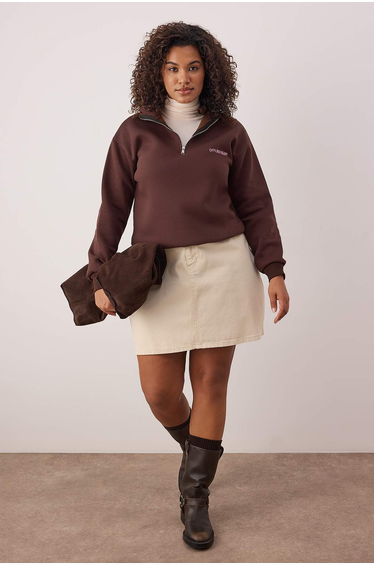 Brown slogan embroidered zip-up collar plus size sweatshirt
