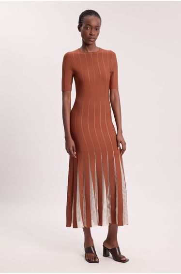 Viscose Blend Filament Full Skirt Knit Short Sleeve Midi Dress
