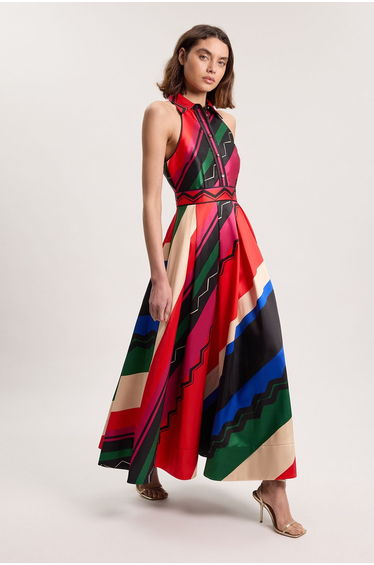 Abstract Print Twill Contrast Collared Woven Maxi Dress