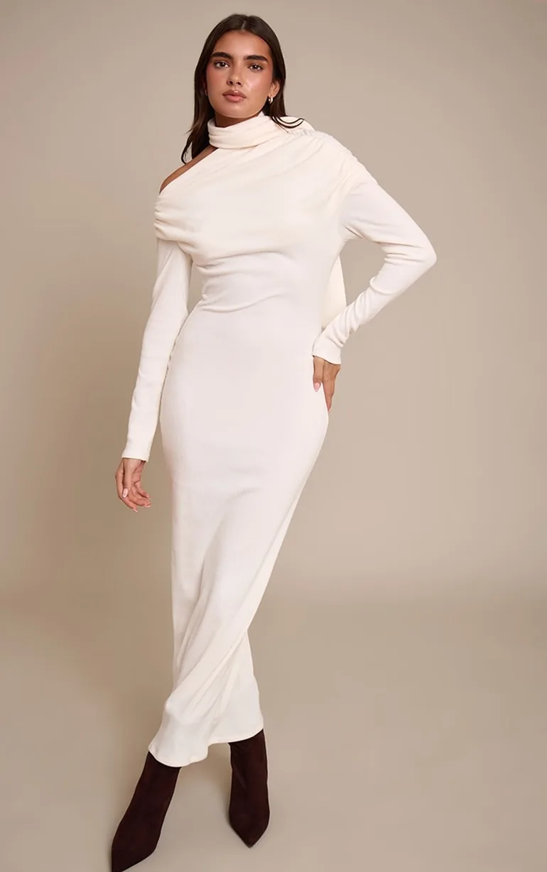 Cream Brushed Rib Scarf Detail Long Sleeve Asymmetric Ruched Maxi Dress  Prettylittlething Cream : Day Dresses : VogaCloset Oman