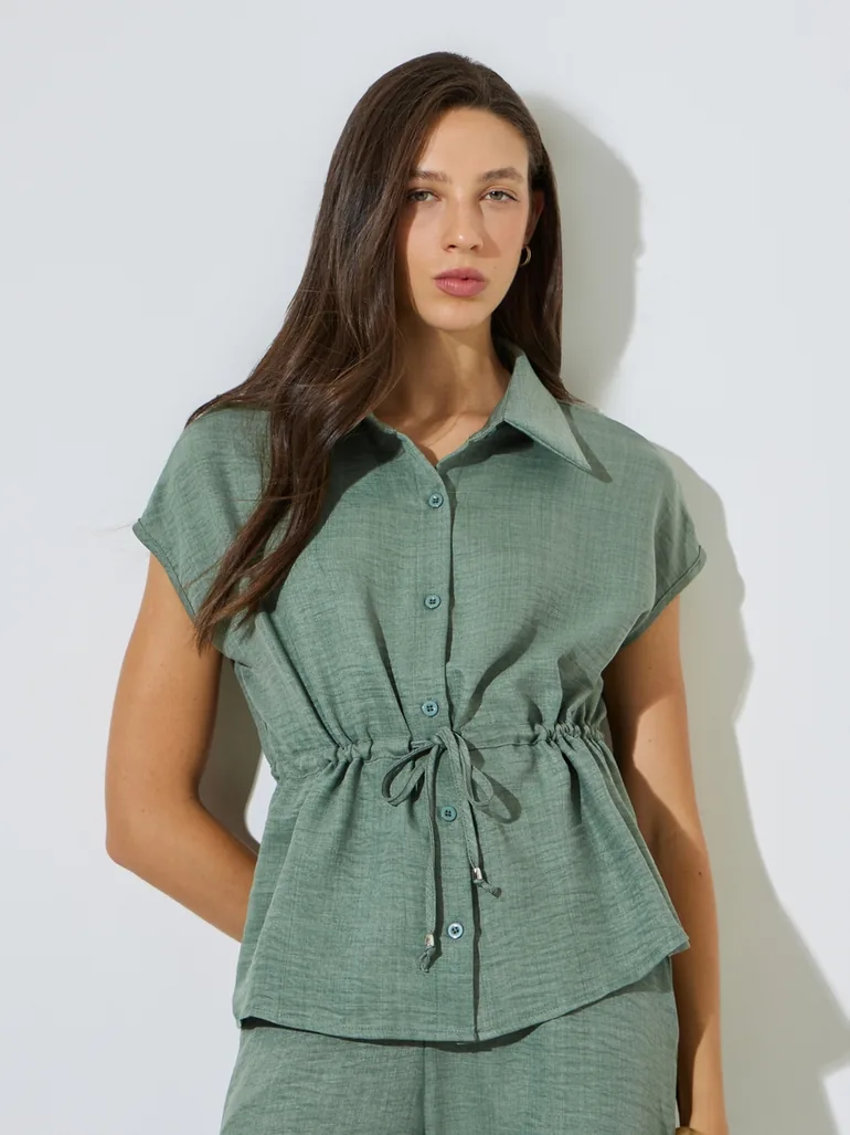 Solid Drawstring Waist Top And Wide Leg Pants Set - 2