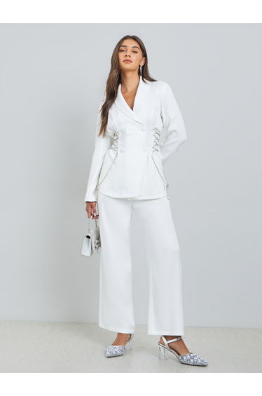 White Embellished Tie-Detail Double Breasted Blazer