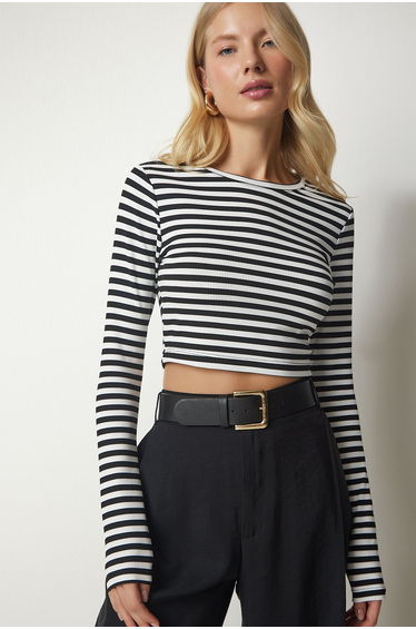 Women's Black and White Striped Camisole Crop Top